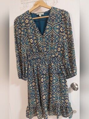 Teal Floral Long Sleeve V-Neck Smocked Waist Dress